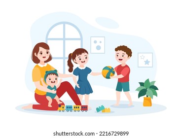 Babysitter or Nanny Services to Care for Provide for Baby Needs and Play with Children on Flat Cartoon Hand Drawn Template Illustration