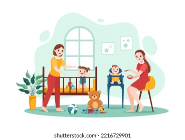 Babysitter or Nanny Services to Care for Provide for Baby Needs and Play with Children on Flat Cartoon Hand Drawn Template Illustration