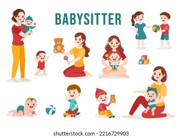 Babysitter or Nanny Services to Care for Provide for Baby Needs and Play with Children on Flat Cartoon Hand Drawn Template Illustration