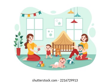 Babysitter or Nanny Services to Care for Provide for Baby Needs and Play with Children on Flat Cartoon Hand Drawn Template Illustration