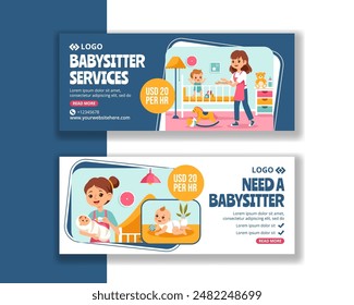 Babysitter or Nanny Services Horizontal Banner Flat Cartoon Hand Drawn Templates Background Illustration