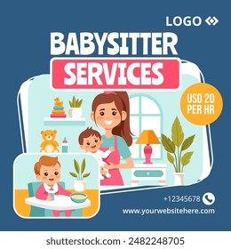 Babysitter or Nanny Services Social Media Illustration Flat Cartoon Hand Drawn Templates Background