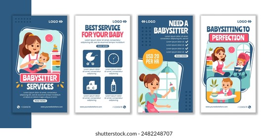 Babysitter or Nanny Services Social Media Stories Flat Cartoon Hand Drawn Templates Background Illustration