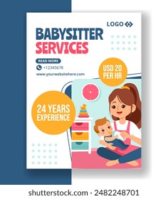 Babysitter or Nanny Services Vertical Poster Flat Cartoon Hand Drawn Templates Background Illustration