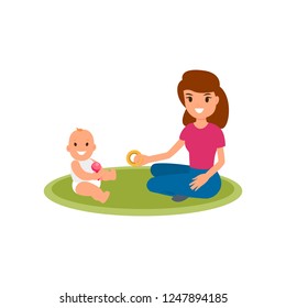 A babysitter or nanny sits on the carpet and plays with the baby. Vector flat isolated illustration on white background.