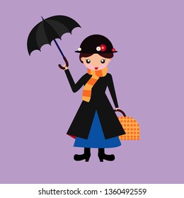 babysitter nanny vintage with a colorful cloths holding umbrella illustration  