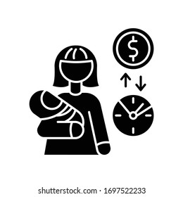 Babysitter pay rate black glyph icon. Income from babysitting services. Earn money for child care. Woman with infant baby. Silhouette symbol on white space. Vector isolated illustration