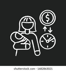 Babysitter Pay Rate Chalk White Icon On Black Background. Income From Babysitting Services. Earn Money For Child Care. Woman With Infant Baby. Isolated Vector Chalkboard Illustration