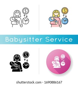 Babysitter Pay Rate Icon. Income From Babysitting Services. Earn Money For Child Care. Woman With Infant Baby On Part Time Job. Linear Black And RGB Color Styles. Isolated Vector Illustrations