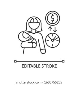 Babysitter pay rate pixel perfect linear icon. Income from babysitting. Earn money for child care. Thin line customizable illustration. Contour symbol. Vector isolated outline drawing. Editable stroke