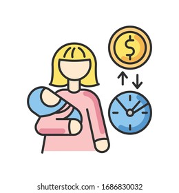 Babysitter Pay Rate RGB Color Icon. Income From Babysitting Services. Earn Money For Child Care. Woman Looking After Infant Baby For Payment. Part Time Job. Isolated Vector Illustration