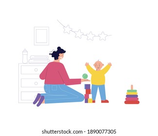 Babysitter playing with little boy flat vector illustration