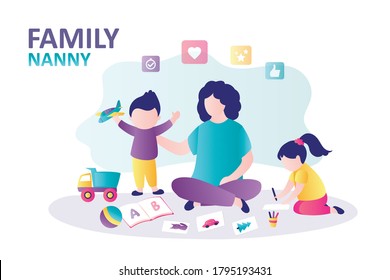 Babysitter plays and teaches cute children. Mother and kids playing together. Home kindergarten and babycare. Concept of family pastime and nanny occupation. Banner template. Flat vector illustration