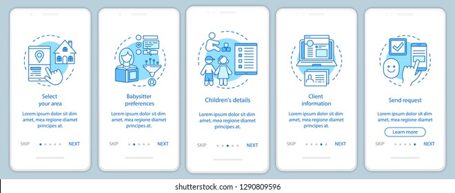 Babysitter reservation onboarding mobile app page screen vector template. Childcare service booking. In-home nanny choosing. Walkthrough website steps. UX, UI, GUI smartphone interface concept