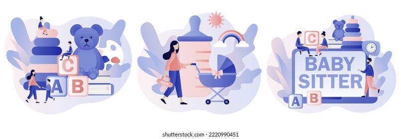Babysitter service. Babysitting club. Nanny occupation. Childcare assistance. Family and nursery. Modern flat cartoon style. Vector illustration on white background
