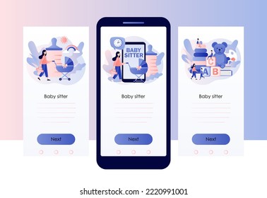 Babysitter service. Babysitting club. Nanny occupation. Childcare assistance. Family and nursery. Screen template for mobile, smartphone app. Modern flat cartoon style. Vector illustration
