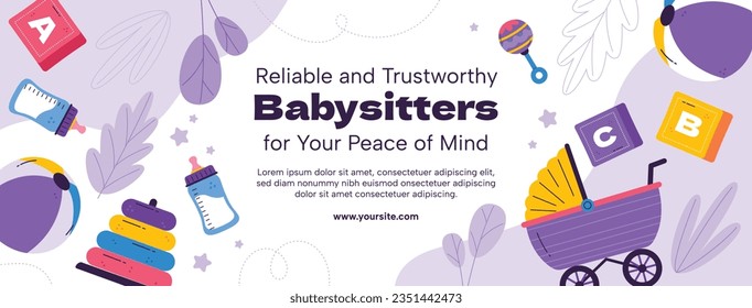 Babysitter service. Babysitting club. Nanny occupation. Childcare assistance. Baby Care. Vector Illustration. Poster, Banner, Flyer. Babysitting background. babysitting job. nanny skills. childcare.