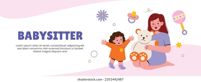 Babysitter service. Babysitting club. Nanny occupation. Childcare assistance. Baby Care. Vector Illustration. Poster, Banner, Flyer. Babysitting background. babysitting job. nanny skills. childcare.