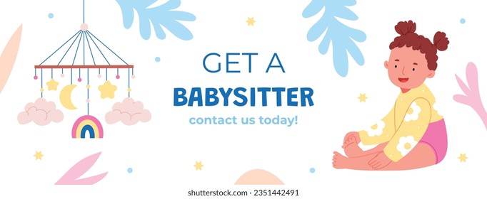 Babysitter service. Babysitting club. Nanny occupation. Childcare assistance. Baby Care. Vector Illustration. Poster, Banner, Flyer. Babysitting background. babysitting job. nanny skills. childcare.