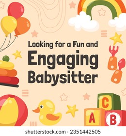 Babysitter service. Babysitting club. Nanny occupation. Childcare assistance. Baby Care. Vector Illustration. Poster, Banner, Flyer. Babysitting background. babysitting job. nanny skills. childcare.