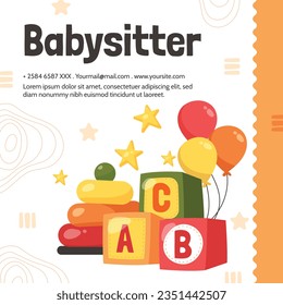 Babysitter service. Babysitting club. Nanny occupation. Childcare assistance. Baby Care. Vector Illustration. Poster, Banner, Flyer. Babysitting background. babysitting job. nanny skills. childcare.