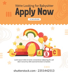 Babysitter service. Babysitting club. Nanny occupation. Childcare assistance. Baby Care. Vector Illustration. Poster, Banner, Flyer. Babysitting background. babysitting job. nanny skills. childcare.