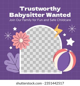 Babysitter service. Babysitting club. Nanny occupation. Childcare assistance. Baby Care. Vector Illustration. Poster, Banner, Flyer. Babysitting background. babysitting job. nanny skills. childcare.