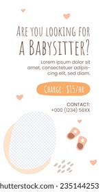 Babysitter service. Babysitting club. Nanny occupation. Childcare assistance. Baby Care. Vector Illustration. Poster, Banner, Flyer. Babysitting background. babysitting job. nanny skills. childcare.