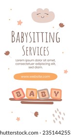 Babysitter service. Babysitting club. Nanny occupation. Childcare assistance. Baby Care. Vector Illustration. Poster, Banner, Flyer. Babysitting background. babysitting job. nanny skills. childcare.