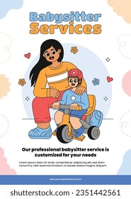 Babysitter service. Babysitting club. Nanny occupation. Childcare assistance. Baby Care. Vector Illustration. Poster, Banner, Flyer. Babysitting background. babysitting job. nanny skills. childcare.