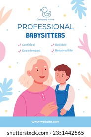 Babysitter service. Babysitting club. Nanny occupation. Childcare assistance. Baby Care. Vector Illustration. Poster, Banner, Flyer. Babysitting background. babysitting job. nanny skills. childcare.