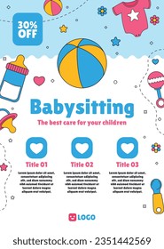 Babysitter service. Babysitting club. Nanny occupation. Childcare assistance. Baby Care. Vector Illustration. Poster, Banner, Flyer. Babysitting background. babysitting job. nanny skills. childcare.