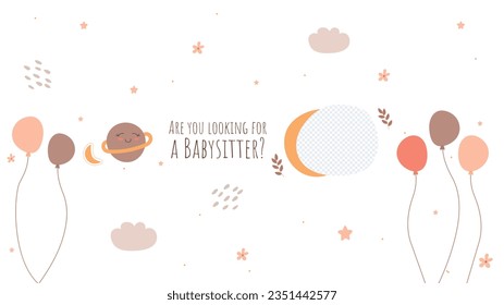 Babysitter service. Babysitting club. Nanny occupation. Childcare assistance. Baby Care. Vector Illustration. Poster, Banner, Flyer. Babysitting background. babysitting job. nanny skills. childcare.