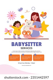 Babysitter service. Babysitting club. Nanny occupation. Childcare assistance. Baby Care. Vector Illustration. Poster, Banner, Flyer. Babysitting background. babysitting job. nanny skills. childcare.