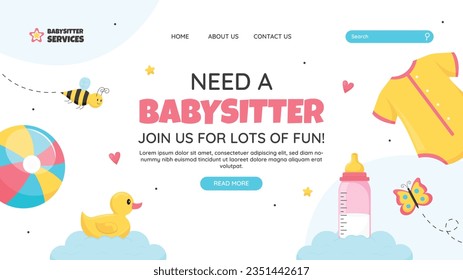 Babysitter service. Babysitting club. Nanny occupation. Childcare assistance. Baby Care. Vector Illustration. Poster, Banner, Flyer. Babysitting background. babysitting job. nanny skills. childcare.