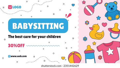 Babysitter service. Babysitting club. Nanny occupation. Childcare assistance. Baby Care. Vector Illustration. Poster, Banner, Flyer. Babysitting background. babysitting job. nanny skills. childcare.