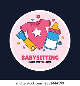 Babysitter service. Babysitting club. Nanny occupation. Childcare assistance. Baby Care. Vector Illustration. label, sticker, poster. Babysitting background. babysitting job. nanny skills. childcare.