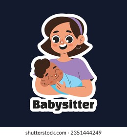 Babysitter service. Babysitting club. Nanny occupation. Childcare assistance. Baby Care. Vector Illustration. label, sticker, poster. Babysitting background. babysitting job. nanny skills. childcare.