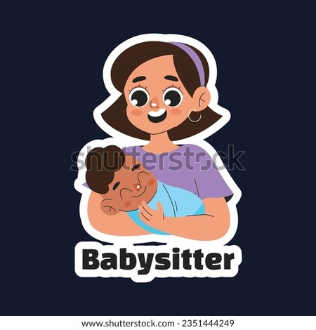 Babysitter service. Babysitting club. Nanny occupation. Childcare assistance. Baby Care. Vector Illustration. label, sticker, poster. Babysitting background. babysitting job. nanny skills. childcare.