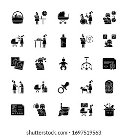 Babysitter Service Black Glyph Icons Set On White Space. Child Care. Help With Kids. Full Time Nanny For Newborn. Motherhood, Parenthood. Silhouette Symbols. Vector Isolated Illustration