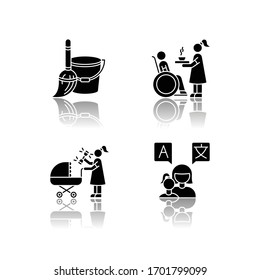 El servicio de niñera deja caer la sombra de los iconos de glifo negro conjunto. Tareas domésticas. Asistencia para necesidades especiales. Cuidado de recién nacidos. Habla idiomas con un niño pequeño. Ilustraciones vectoriales aisladas en el espacio blanco