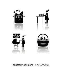 Babysitter Service Drop Shadow Black Glyph Icons Set. Cooking Food. Woman Changing Baby Diaper. Night Time Nanny. Babysitting Set And Essentials. Isolated Vector Illustrations On White Space