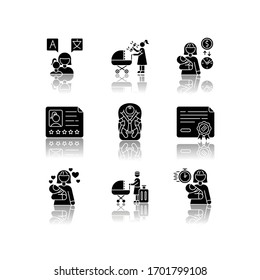 Babysitter service drop shadow black glyph icons set. Speak languages with toddler. Woman with rattle toy. Pay rate for babysitting. Child day care. Isolated vector illustrations on white space