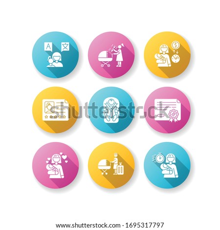 Babysitter service flat design long shadow glyph icons set. Speak languages with toddler. Woman with rattle toy. Pay rate for babysitting. Child day care. Silhouette RGB color illustration