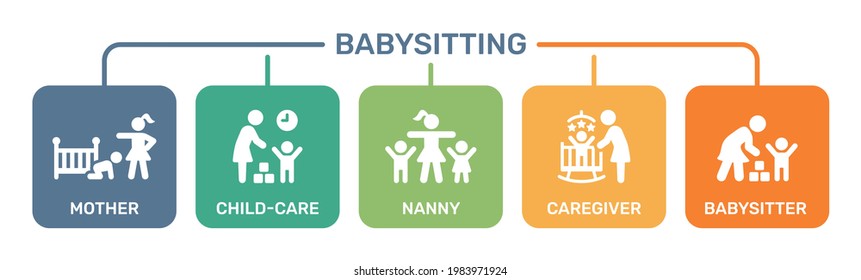 Babysitter service icons set. Night time nanny for infant kid or day care sign concept.