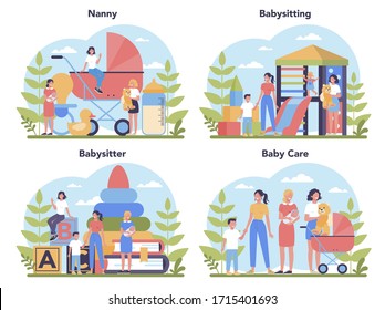 Babysitter service or nanny agency concept set. In-home babysitter. Woman taking care of baby, playing with child. Isolated vector illustration