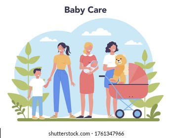 Babysitter service or nanny agency concept. In-home babysitter. Woman taking care of baby, playing with child. Isolated vector illustration