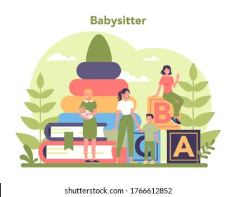 Babysitter service or nanny agency concept. In-home babysitter. Woman taking care of baby, playing with child. Isolated vector illustration