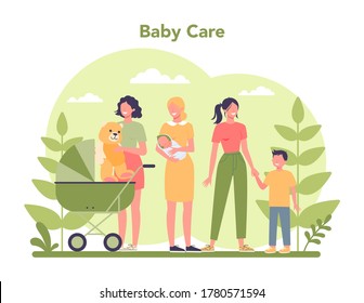 Babysitter service or nanny agency concept. In-home babysitter. Woman taking care of baby, playing with child. Isolated vector illustration