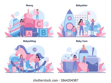 Babysitter service or nanny agency concept set. In-home babysitter. Woman taking care of baby, playing with child. Isolated vector illustration